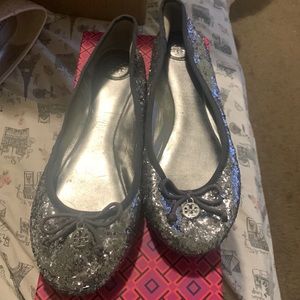 Tory Burch Silver glitter ballet flats with Tory Burch charm in the front